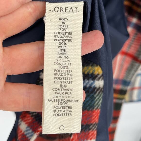 The Great. The Cabinmate Toggle Jacket Faux Shearling Greenwood Plaid size Large - Picture 12 of 13